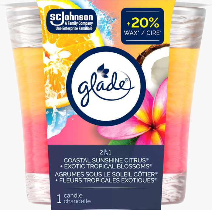 Glade® 2en1 Chandelle - Agrumes Sous le Soleil Côtier® + Fleurs Tropicals Exotiques®