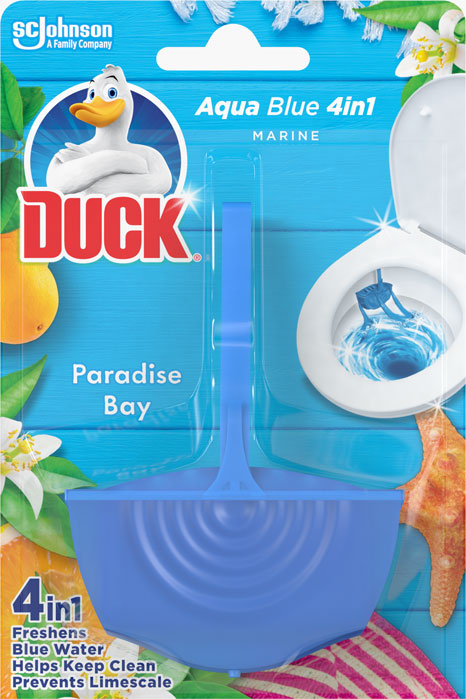 Duck® Aqua Blue 4 în 1 - Paradise Bay - aparat solid pentru toaletă 